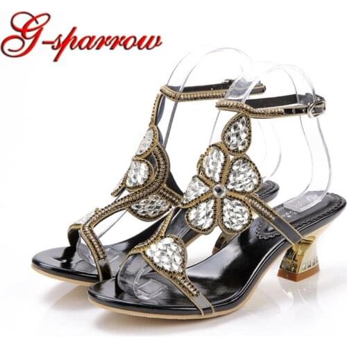 2018 Rhinestone Wedding Sandals Slingback Party Dancing Shoes Chunky Heel 2 Inches Summer Dress Shoes Black Gold Color Plus Size