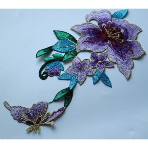 DIY purple flower embroidered Patches for Clothing Sew on Embroidery parches ropa for dresses Water soluable bird appliques