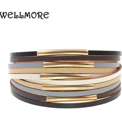 WELLMORE copper pipe Leather charm Bracelets For Women Men Multiple Layers wrap Bracelets Couples fashion Jewelry