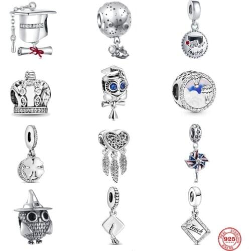 New Owl Bead Pendant Teacher Bachelor Hat Dreams Charm Fit Pandora Original Sterling Silver 925 Bracelet For Women Jewelry Gift