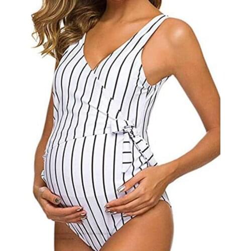 Frenulum Striped Women Bikini One Pieces Swimsuit Backless Maternity Tankinis Bathing Suit Beachwear Maternity Swimwear Set 2021