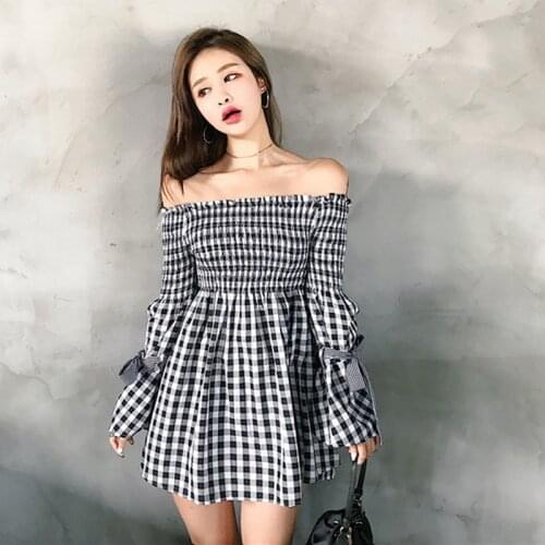 Robe Femme Mini-dress Black White Plaid Women Spring Summer korean Off Shoulder Dresses Vestidos de fiesta