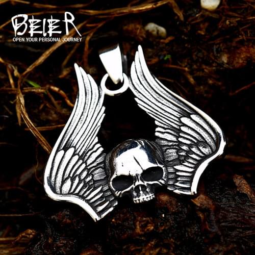 BEIER Wholesale Stainless Steel Skull Pendant Necklace For Man Punk wing Jewelry good detail choker free shipping BP8-138