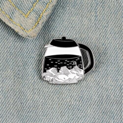 Starry Night Coffee Pot Enamel Pin Custom Mountain Moon Stars Brooch for Shirt Lapel Bag Outdoors Badge Jewelry Gift for Friends