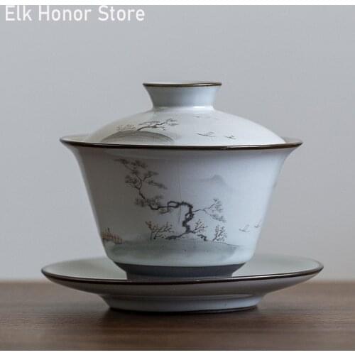 170ml Ru Kiln Tea Tureen Gracked Glaze Hand Paint Landscape GaiWan Pine Art Ceramic Bowl With Lid Sopera Office Decoration Gift