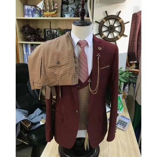 2021 Mens Suit Fashion Formal Business Slim Fit 3-Pieces Burgundy Blazers Pants Mens Tuxedo Wedding Men Suits Groom Suit