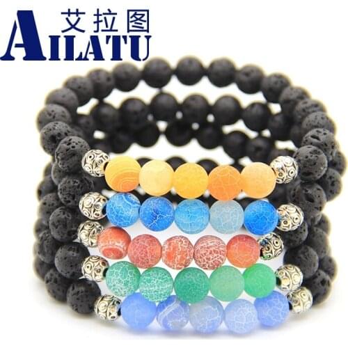 Ailatu 10 Pieces Jewelry Wholesale 8mm Rock Lava Stone with Weathering Onyx Lucky Bracelet Party Gift