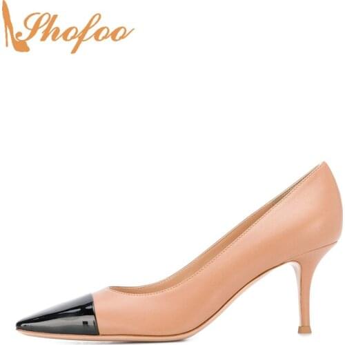 Black Patent Leather Nude Contrast Toe Slingback Pumps Woman High Thin Heels Large Size 12 14 Ladies Fashion Mature Shoes Shofoo