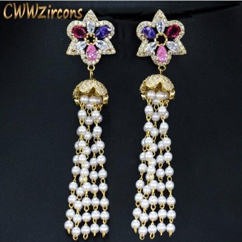 CWWZircons Multi Color CZ Stone Handmade Simulated Pearl Long Drop Tassel Earrings for Women Vintage Ethnic Jewelry CZ267