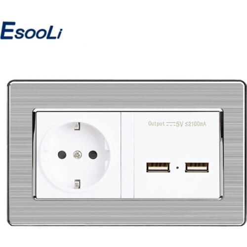 Esooli EU Standard Wall Power Socket With Dual USB Smart Induction Charge Port For Mobile 5V 2.1A Stainless Steel Panel