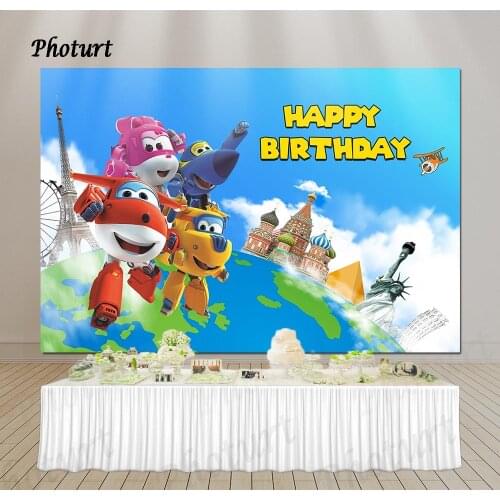 PHOTURT Super Wings Backdrop Kids Birthday Banner Flight Rescue Team Photography Background Polyester Vinyl Decorate Props