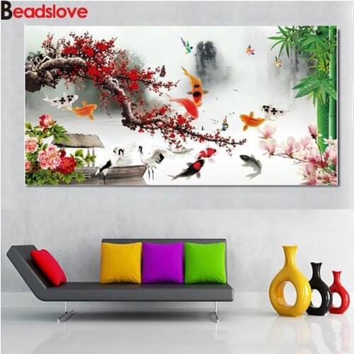 Full Square Round Drill 5D DIY Diamond Painting Plum blossom Koi Lotus Fish Diamond Embroidery Cross Stitch Mosaic large Decor