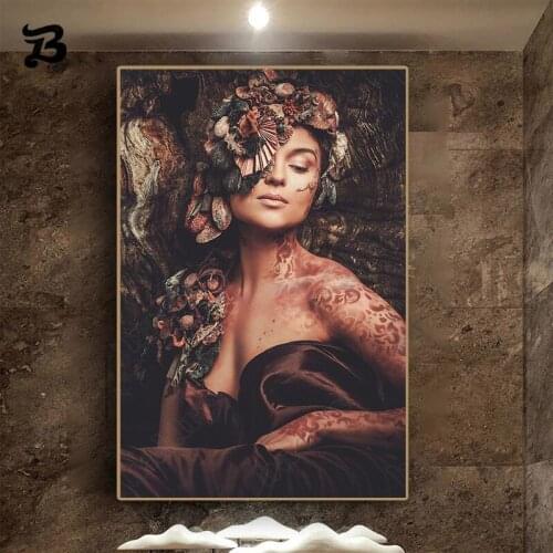 Canvas Painting for Living Room Nymph Sexy Woman In The Flowers Forest Portrait Scandinavian Wall Art Tattoo Girl Decoration