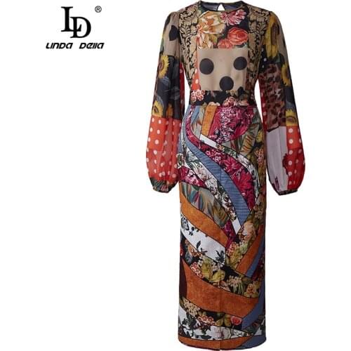 LD LINDA DELLA 2021 Summer Fashion Skirts Suit Women Long sleeve Loose Dot Floral Print Chiffon Top＋Slim Midi Skirt 2 Pieces Set