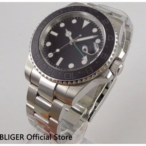 Sapphire Crystal 40mm Black Sterile Dial Ceramic Bezel GMT Function Luminous Marks Date Magnifier Automatic Movement Mens Watch