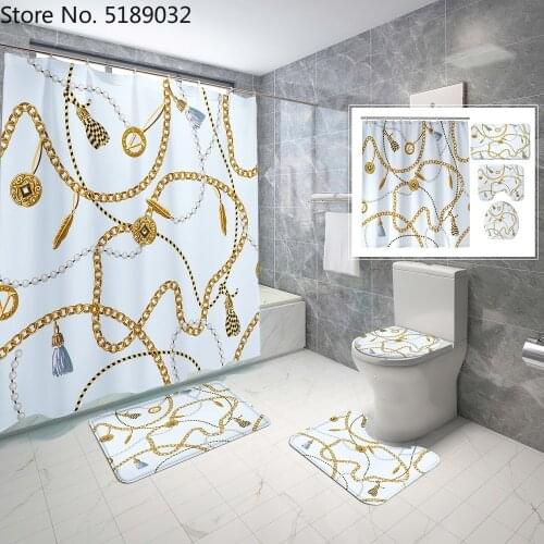 4 Pieces Sets Luxury Shower Curtain Sets with Bath Rug Toilet Lid Cover Floor Mat Waterproof Bath Curtain Baroque Vintage Style