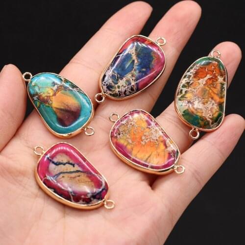 Natural Semi-precious Stone Pendant Gilded Edge Connector Emperor Stone 22x40mm for Jewelry Making Necklaces Gift