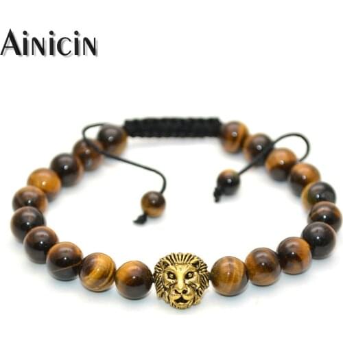 Natural Tiger Eyes Leo Animal Lion Head 8mm Round Beads Stone Handmade Adjustable Bracelets For Men and Women