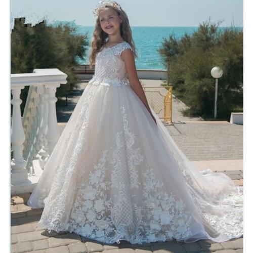 White ivory Flower Girls Dress Lace Appliques Tulle Floor Length Backless First Communion fluffy party Dresses