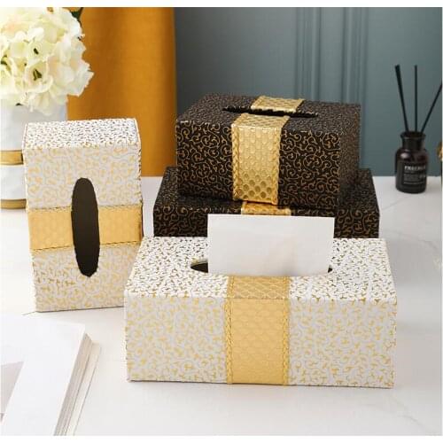 Rectangle golden wooden struction synthetic leather tissue box holder napkin box wooden tissue box dispenser case PZJH056