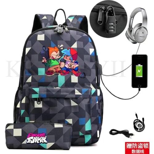Friday night funkin USB Backpack Women Men Teenager School Bag Women USB Travel Rucksack Large Mochila Escolar school 2 pcs set