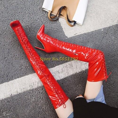 Lace Up Over The Knee Boots Stiletto High Heel Sexy Pointed Toe Patent Leather Red Black White Dress Women Shoes