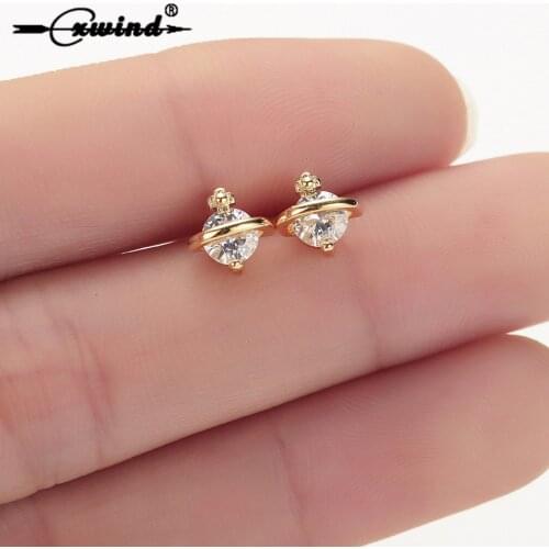 Cxwind Classic Cute Gold Saturn with Rhinestone Stud Earrings Charms women Girl Fashion Statement Space Planet Earring Jewelry