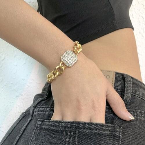 SRCOI Hip Hop Thick Chain Square Rhinestone Charm Bracelets For Women Party Luxury Bold Metal Exaggerated Fashion Bracelet New