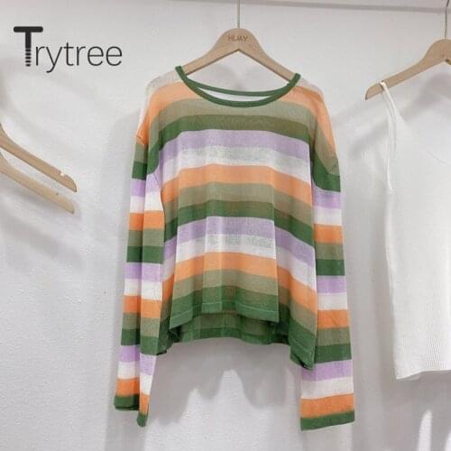 Trytree Spring Women Casual T-shirt O-neck Stripe 3 Color Loose Knitting Fashion Temperament All-Purpose Style T-shirt Tops