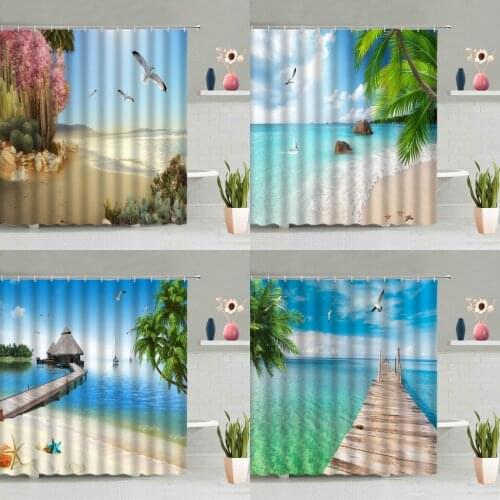 Ocean Beach Scenery Shower Curtain Set Tropical Green Plants Palm Tree Cactus Seagull Sailboat Landscape Bathtub Screen Washable
