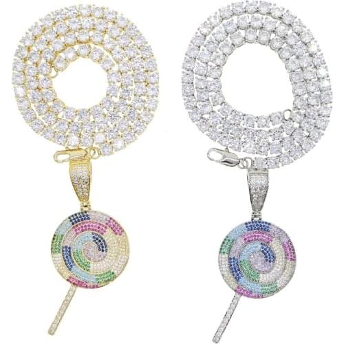 Lollipop Ice Out Paved Colorful Cz Pendant Necklace Multicolor Gift 2020 New Design Wedding for Women Gold Color In Stock Star