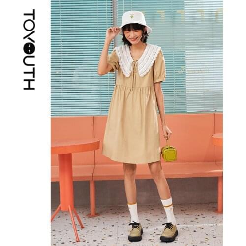 Toyouth Women Dress 2021 Summer Half Sleeve Turndowm Collar A Line Solid Khaki Elegant Chill Vintage Dresses