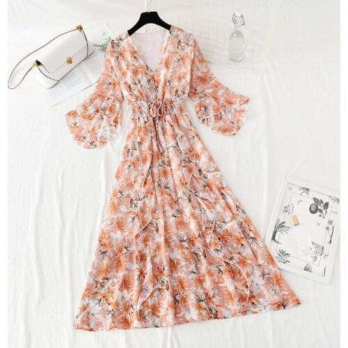 French Vintage Long Dress Women Elegant Flare Sleeve Dress Female 2021 Summer new Casual Print Dress Korean