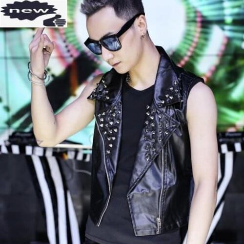 New Fashion Mens Rivet Pu Vest Sleeveless Jacket Punk Studded Gilet Homme Unisex Faux Leather Biker Waistcoat 4XL