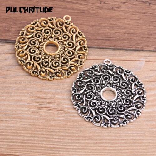 2pcs 49*53mm Two Color Plated Big Round Hollow Pattern Pendants Making DIY Handmade Tibetan Silver color Finding Jewelry