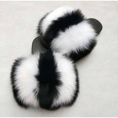 2020 Womens Summer outdoor Slippers real fur Slippers Rainbow colors Women Slippers beach Fox fur slides