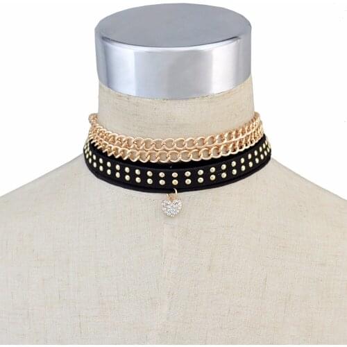 4 Pcs/Set Fashion Black Leather Gold Alloy Chain Rhinestone Heart Shape Pendant Choker Clavicle Necklace Women Jewelry