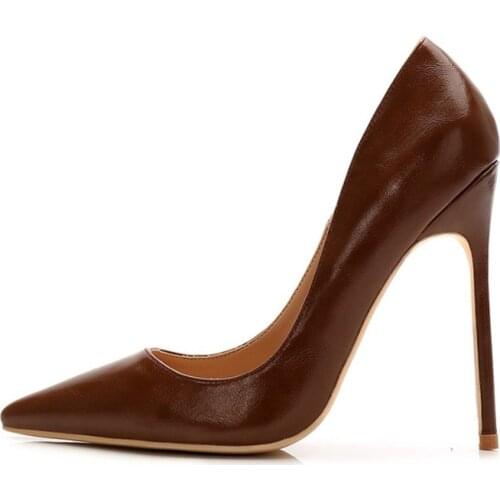 Free shipping fashion women Pumps lady brown leather Pointy toe high heels shoes size33-43 12cm 10cm 8cm Stiletto heeled