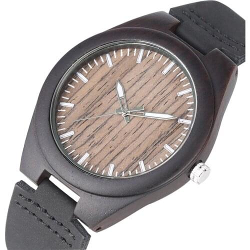 Ebony Wooden Watch Men Watches Quartz Movement Black Genuine Leather Watchband Simple Casual Male Wristwatches New Clock 2019