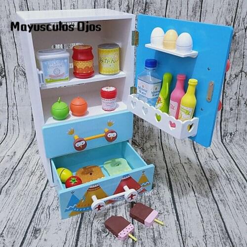 Childrens Birthday Gift Simulation Play House Educational Toy Wooden Refrigerator Food Set For Boys And Girls