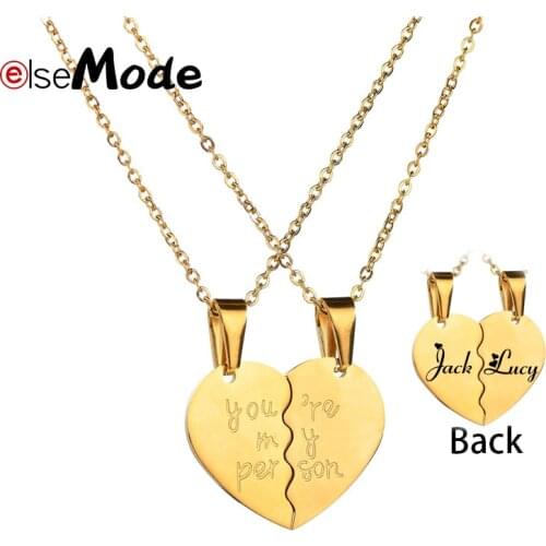 ELSEMODE 2 Pcs/Set Heart Couple Pendant Name Necklace Personalized Stainless Steel Custom Necklaces For Wedding Jewelry Gifts