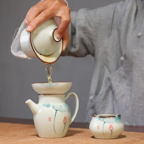 Porcelain Hand Painted Lotus Cha Hai Ceramic Teapot Chinese Kung Fu Kettle Tea Separator Pigmented Fair Tea Cup Office Drinkware