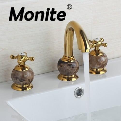 Golde Plated 3 Pieces 2 Lever Deck Mount Bathtub Golden Spray Shower Bathroom Wash Basin Sink Brass Tap Mixer Faucet