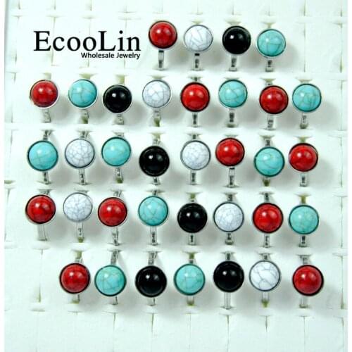 50Pcs EcooLin Brand Fashion Turquoisee Stone Stainless Steel Rings For Women Jewelry Lots Bulk LR4030