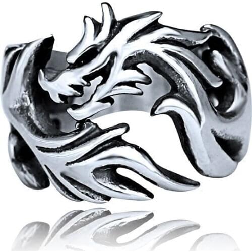 POTCET Mens Stainless Steel Dragon pattern Titanium Steel Ring Geometric Fashion Retro Hip Hop Party Jewelry