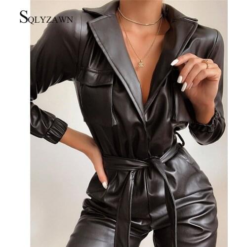 Turn Down Collar PU Leather Jumpsuit Women Autum Deep V Neck High Waist Pants Bodycon Pocket with Belt Party Rompers Jumpsuit