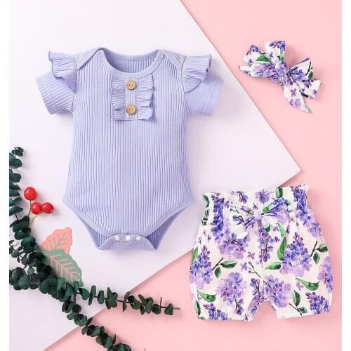 Newborn Baby Girl Clothes Set Summer Solid Color Short Sleeve Romper Flower Shorts Headband 3Pcs Outfit New Born Infant Clothing