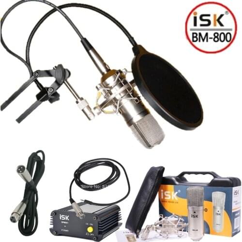 Large diaphragm condenser microphone Studio recording microphone set ISK BM800+48v phantom power supply+POP filter+cables