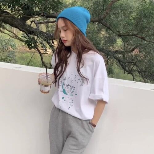 Summer loose hedging splash paint printing short-sleeved T-shirt all-match casual college wind jacket women