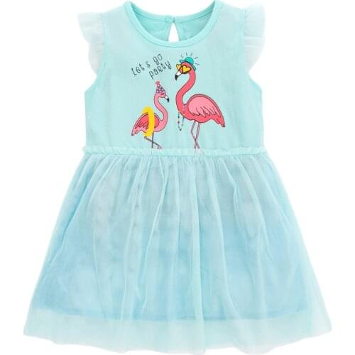 2021 Summer Light Blue Dress Costume For Girl Baby Clothes Dresses WIth Flamingo